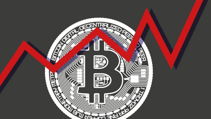 Montage showing a representation of bitcoin and a rising graph