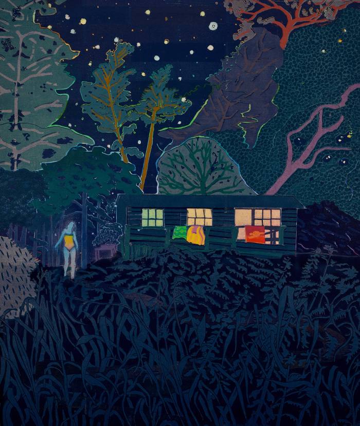 Night Swimmer, 2023, by Tom Hammick. Variable reduction woodcut with hand-painting, £7,500, edition of 13
