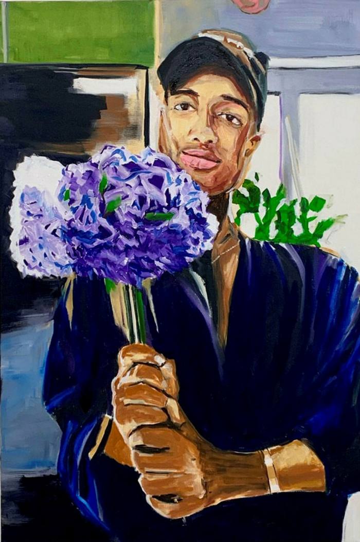 A painting of a man with a baseball cap and blue shirt holding up a bouquet of purple and lilac flowers