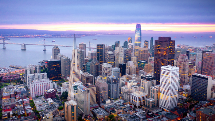 Colorful aerial panorama of San Francisco financial district and SOMA at sunrise
