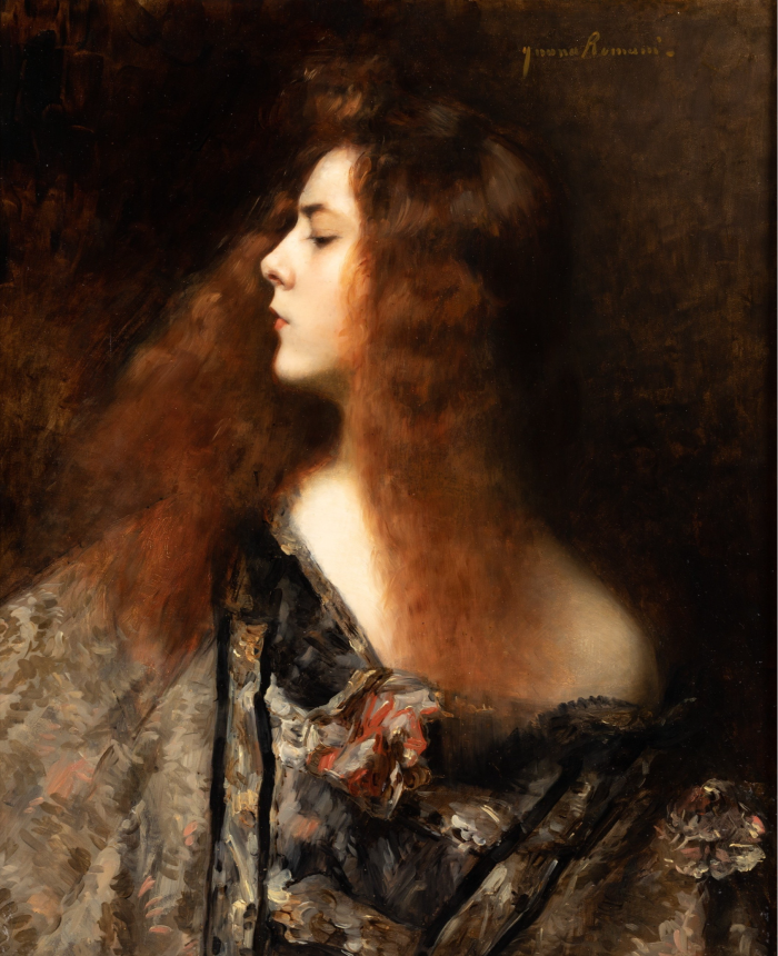Oil painting of a pale woman with long auburn hair looking haughty