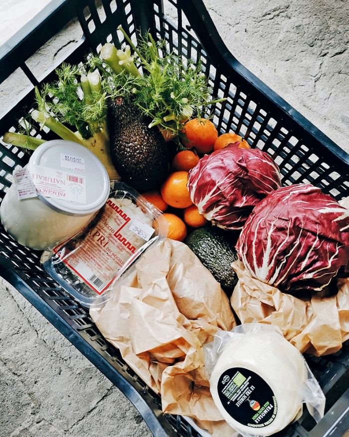 A delivery from Carduccio, a farm-to-table bistro/shop in central Florence that has started delivering produce and ingredient boxes to help pay its staff during the lockdown