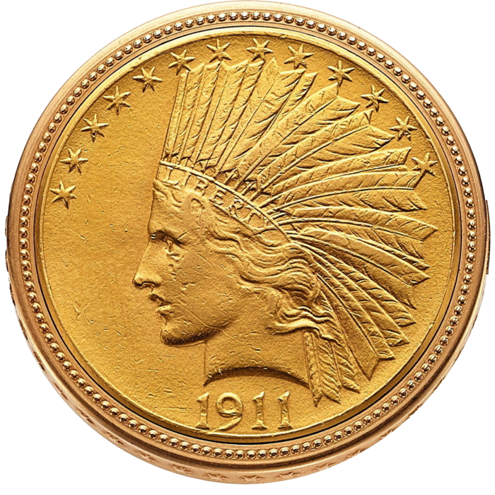 A gold coin watch stamped with the side profile of a person wearing a head dress