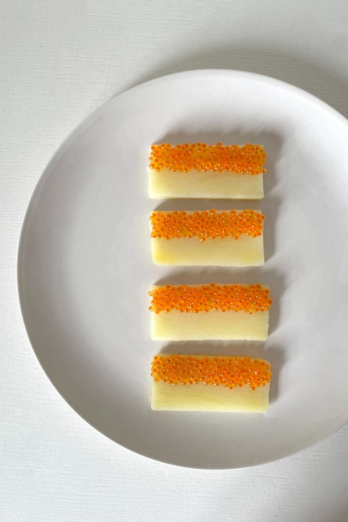 Imogen Kwok’s “Gargouilles”; rectangles of salted butter topped with arctic char roe
