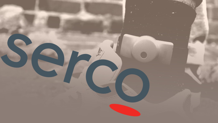 An electronic ankle tag on a teenage offender in the UK and the Serco logo