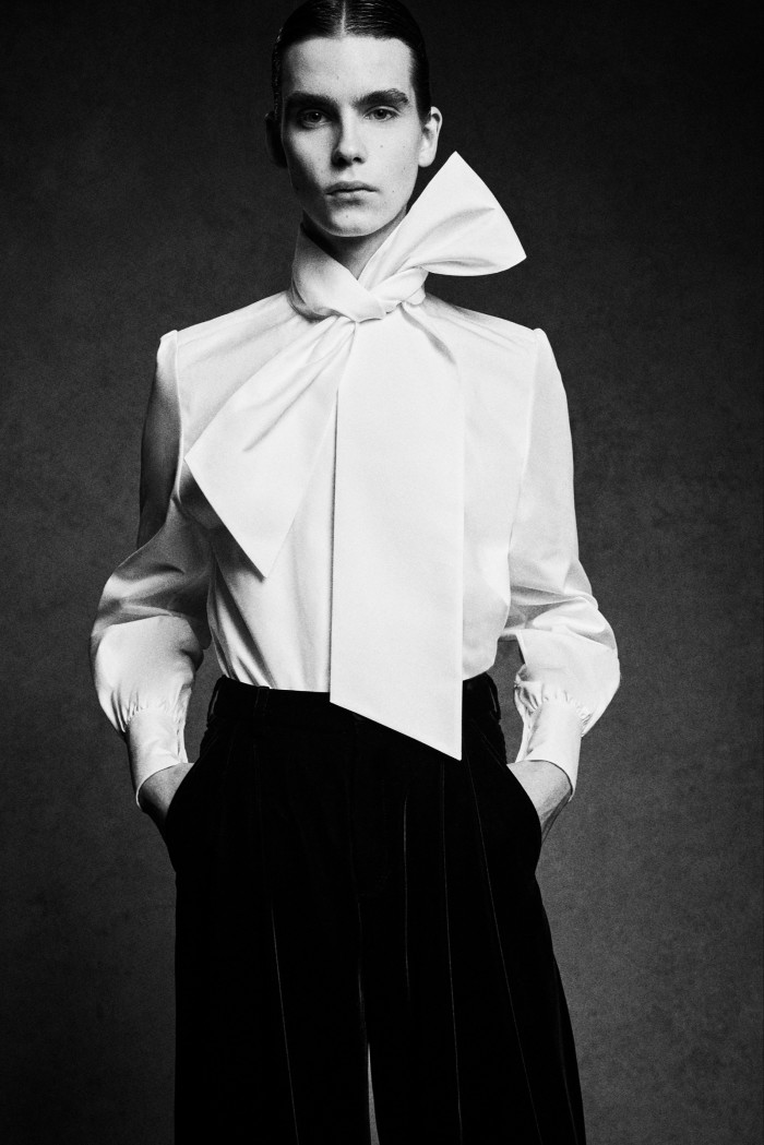 Saint Laurent by Anthony Vaccarello cotton poplin Lavallière blouse, £1,320, and velvet trousers, £2,080