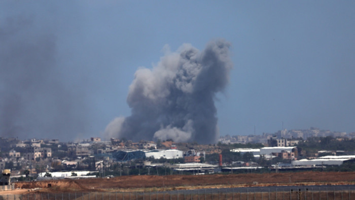 Smoke rises as a result of an Israeli airstrike, on Jabalia in the northern part of the Gaza Strip
