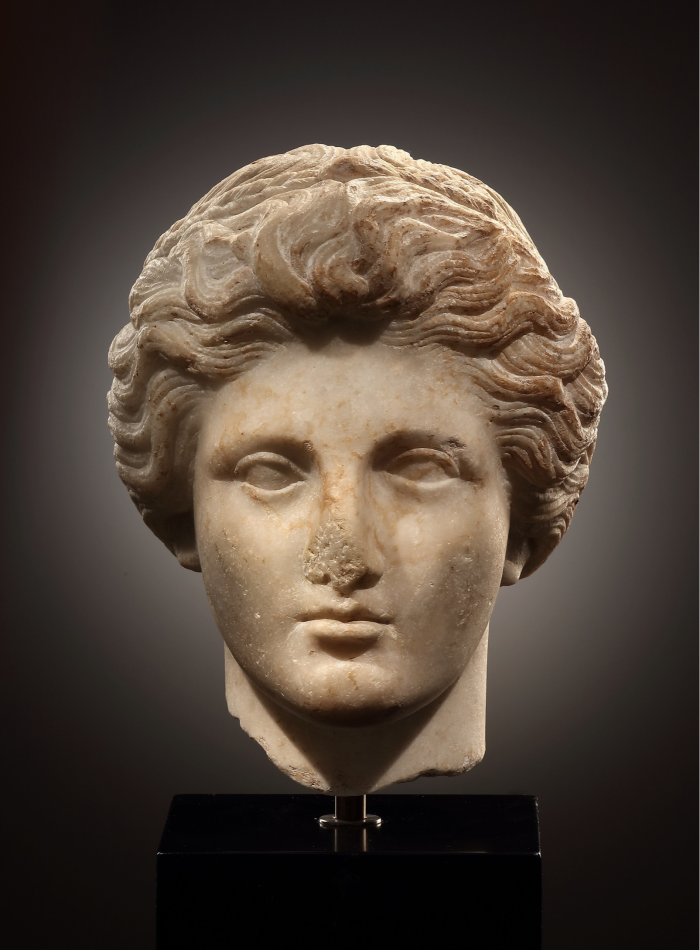 Marble head of a teenage boy with heavy frizzy hair and no nose