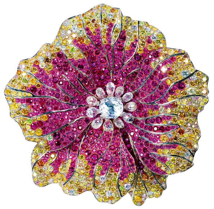 Moussaieff High Jewellery natural saltwater pearl, ruby, diamond, yellow diamond, mixed-colour diamond and titanium brooch, POA