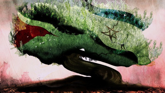 Ann Kiernan illustration of an olive tree with representation of the Palestinian flag and the Israeli flag - with a background blurred out with destruction. 
