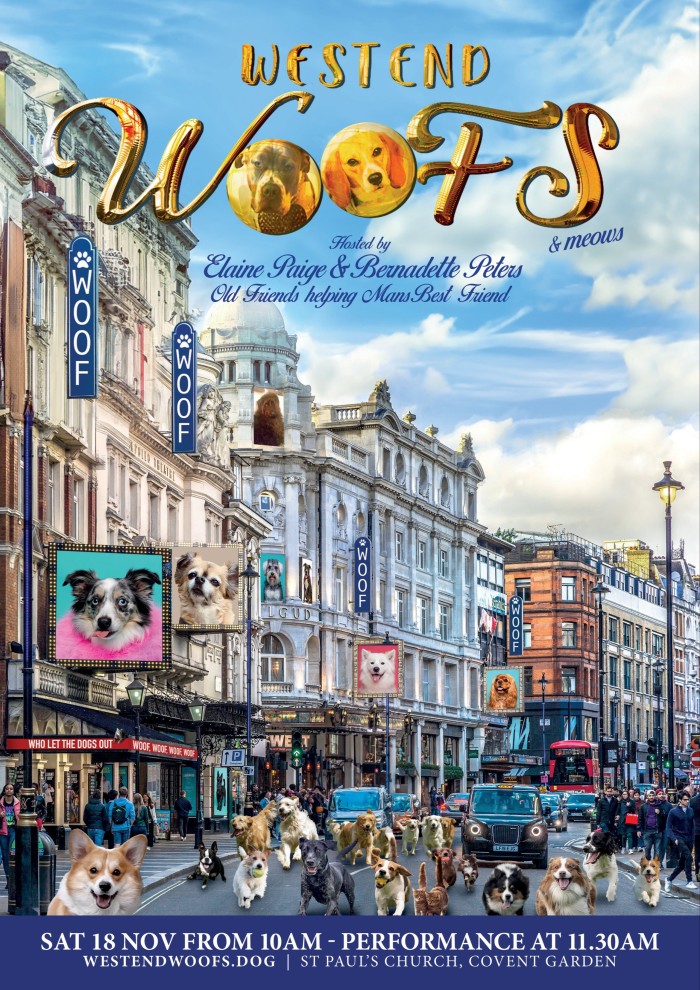The poster for Peters’s West End Woofs & Meows, a London edition of her Broadway Barks event to adopt rescue animals