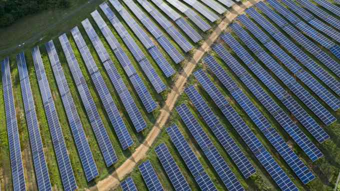 Aerial shot of solar panels at the Dominion Energy Inc.