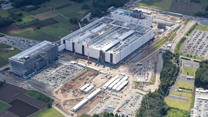 An aerial photo shows the Kumamoto factory building of Taiwan Semiconductor Manufacturing Company being under construction in Kikuyo Town