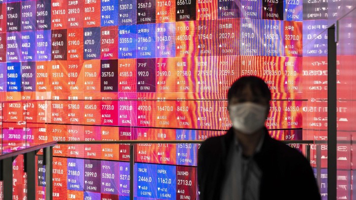 An electronic share price board showing the numbers of the Tokyo Stock Exchange in Tokyo