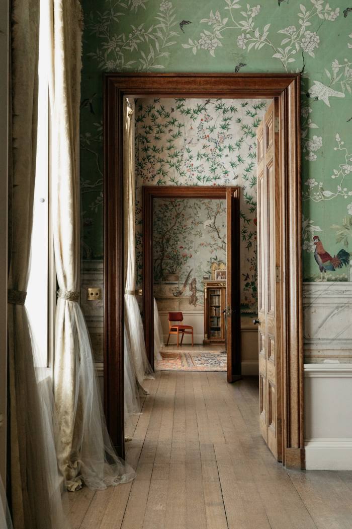 The castle’s Wellington Bedroom, with its original handpainted chinoiserie wallpaper