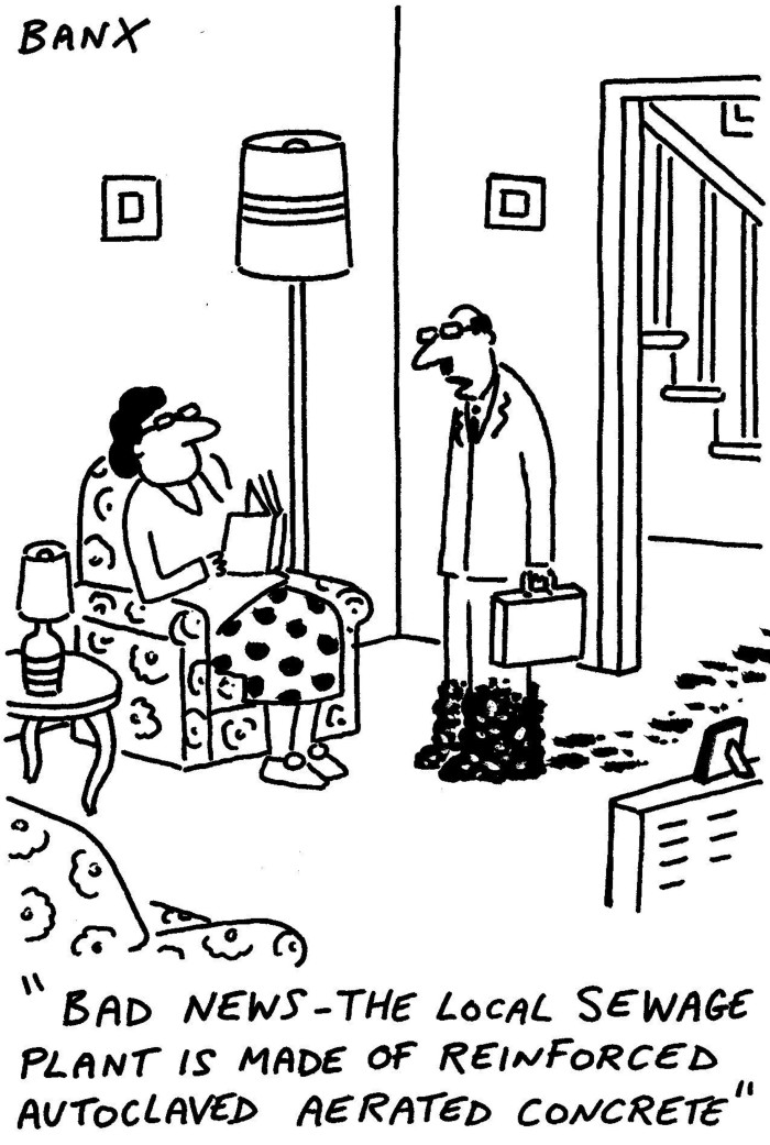 A Banx cartoon of a man in suit with dirty boots entering a living room to speak to a woman. He leaves behind a trail of dirt 