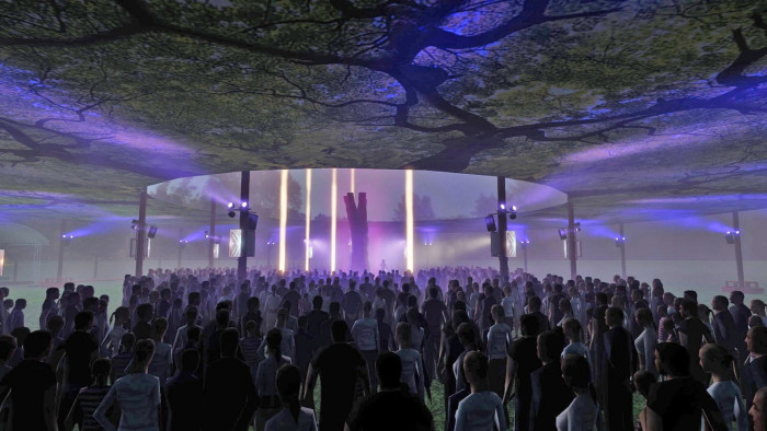 illustration of sound and light show around stage with an upturned tree on it