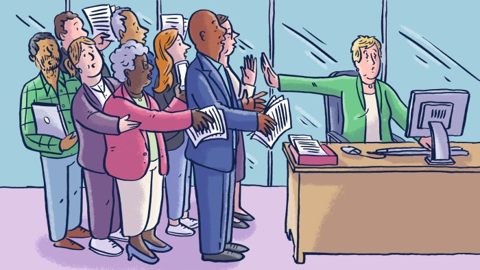 An illustration of a woman at an office desk, putting her hand out to stop a group of people holding papers 