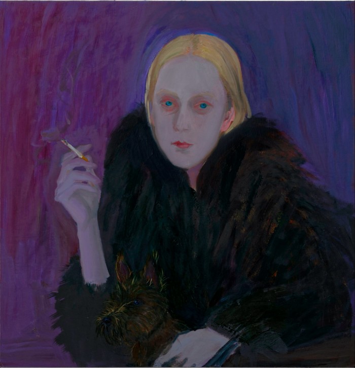 Oil painting of a woman with blond hair in a dark fur coat smoking