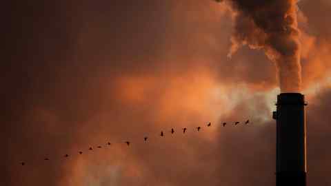 A flock of geese fly past a smokestack at a coal power plant