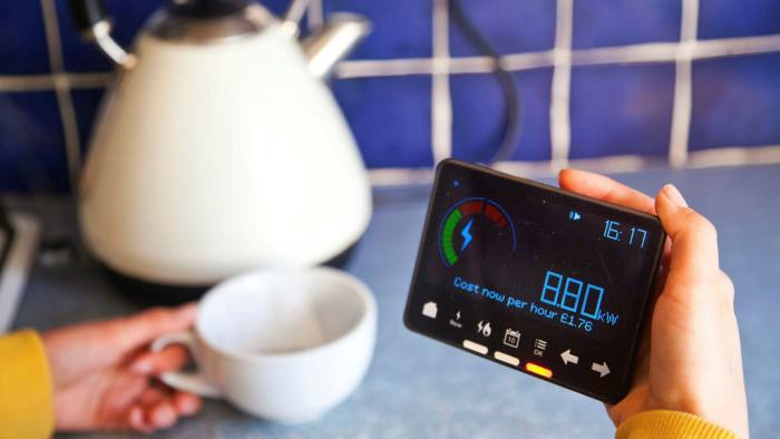 A person holds a smart meter in their kitchen