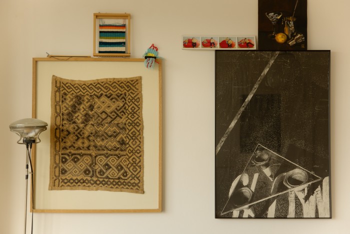On left: antique Kuba cloth from Congo, bought at Fisher London