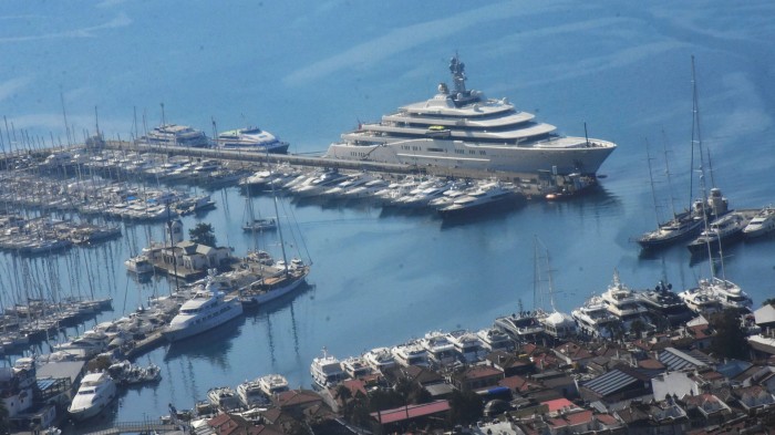 The luxury yacht Eclipse moored off Marmaris in Turkey.