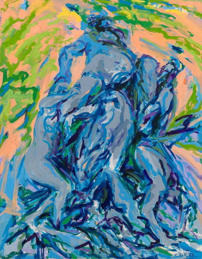 Slightly blurry painting in grey and blue of a man atop several other men
