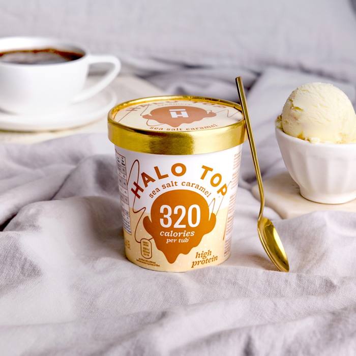 Halo Top sea salt caramel ice cream (320 cals per tub)