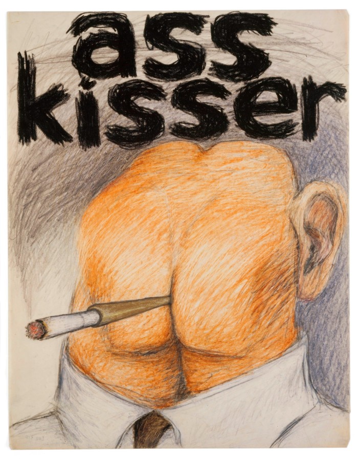 Drawing of a man with a butt for a face smoking a cigarette under the words ‘ass kisser’