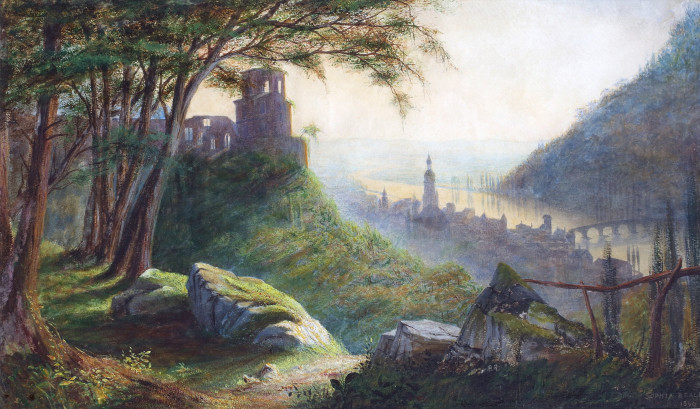 In a painting, a leafy, mossy wood, captured on the left, opens up to a picturesque village immersed in daylight mist and overlooking a river.