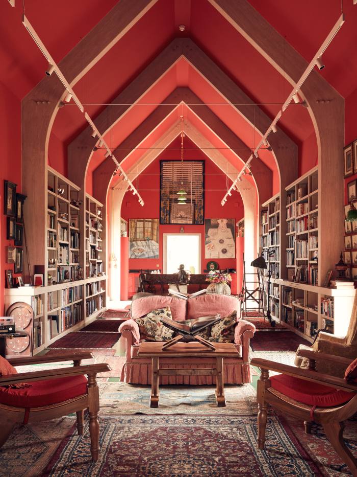 The library and dining room at Prue Leith’s Gloucestershire home, which was converted from an old barn