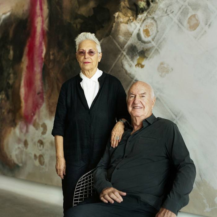 Mera and Don Rubell at the Rubell Museum – behind them hangs Lucy Dodd’s ‘Guernika’