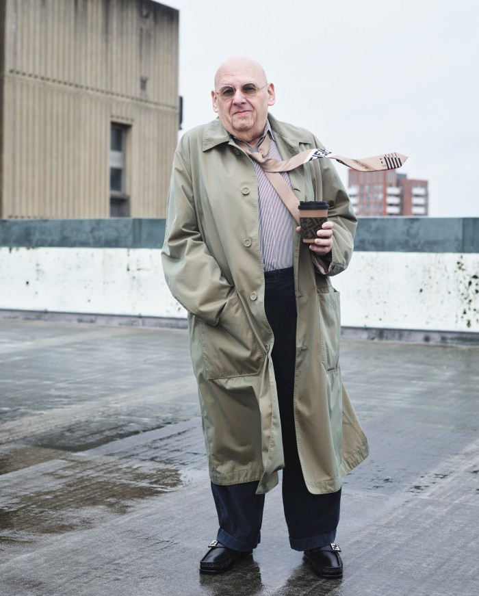 David Bieda, 76, retired, wears Fendi cotton coat, £3,100, cotton shirt, £680, silk tie, £170, leather loafers, £800, and coffee cup, £150. Cotton trousers and glasses, David’s own