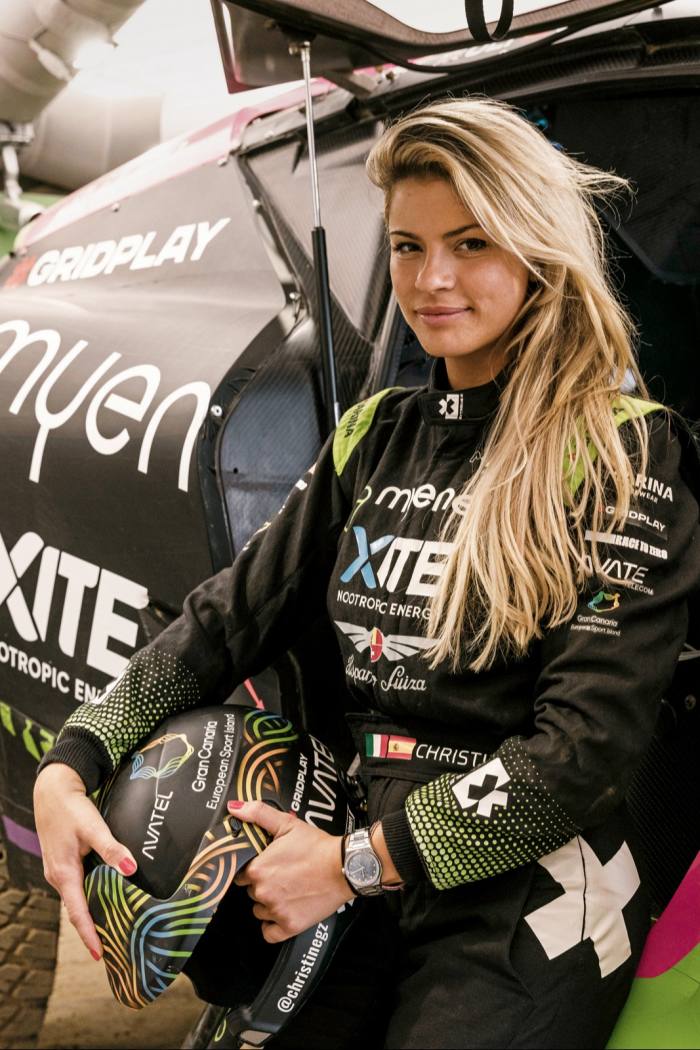 Xite Energy team driver Christine Giampaoli Zonca wears Zenith Defy Midnight watch, £7,500