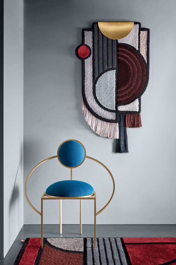 From top: Lara Bohinc wool North Pole wall hanging, £5,445, steel and wool Orbit chair, £2,757, and Lara Bohinc x Kasthall wool East of the Moon rug, £7,850