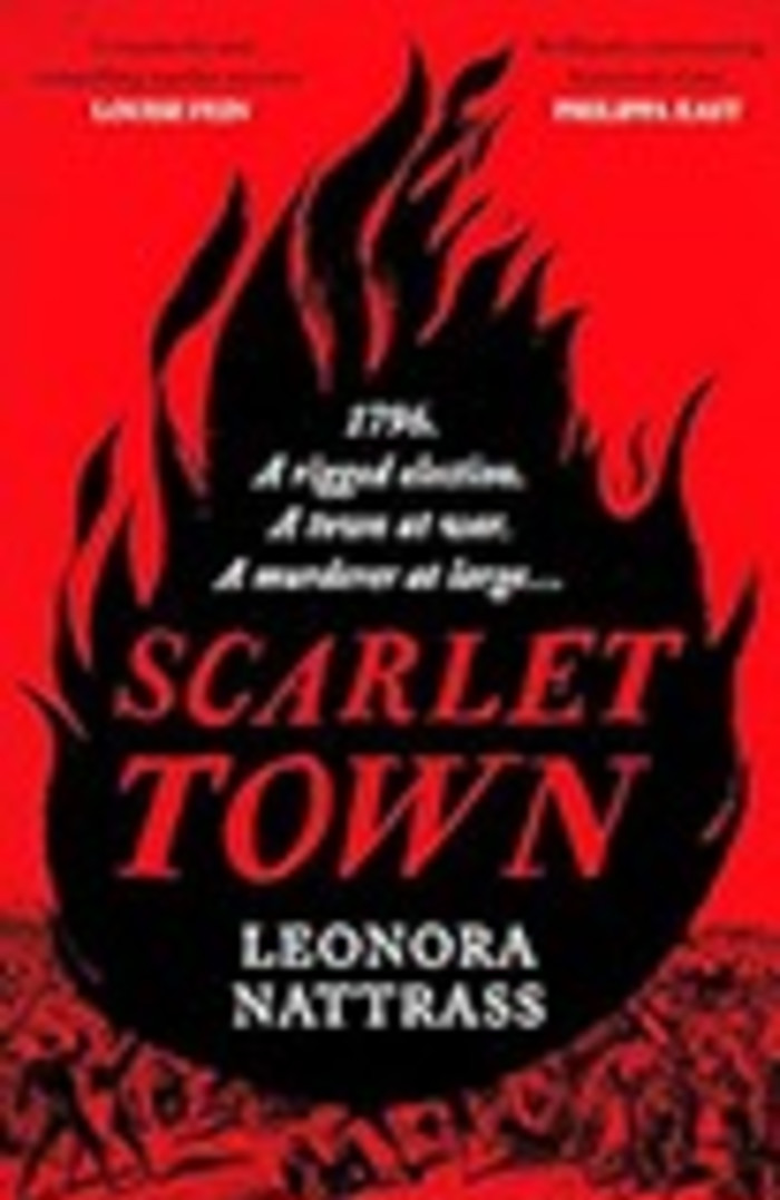 Scarlet Town book jacket, showing crowds looking up at a huge flame-shaped black shape against a red background