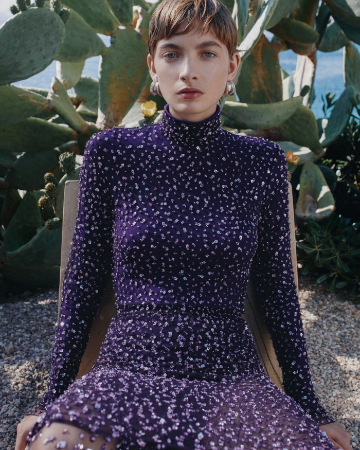 Rolf wears Isabel Marant embroidered mesh dress, £1,990, matching legging trousers, £995, and jersey top, £285. Throughout, Bottega Veneta sterling-silver earrings, £720 