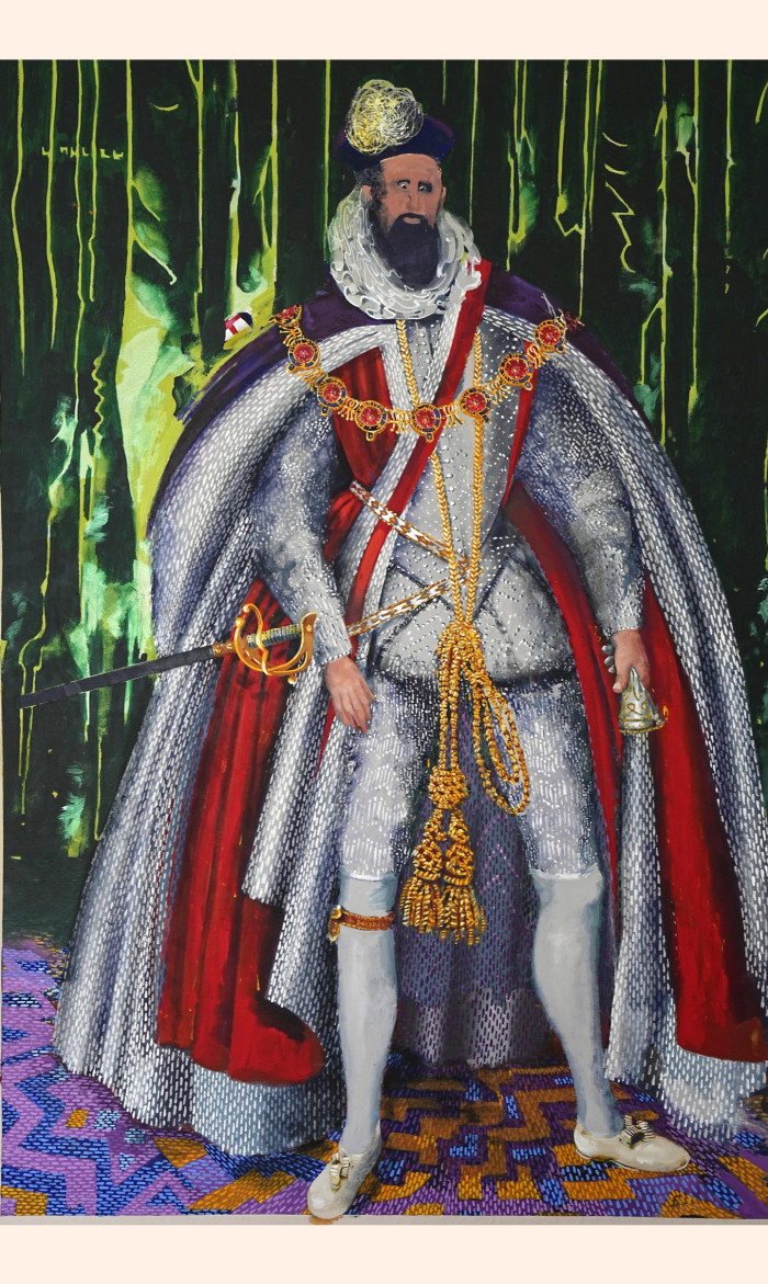 In a painting, a young, tall bearded man wearing an Elizabethan black, red and metallic grey cape, golden jewellery, a grey doublet, a sword and a black-and-white headpiece stares to the purple, blue and orange tapestry flooring while standing in front of a shiny green curtain.
