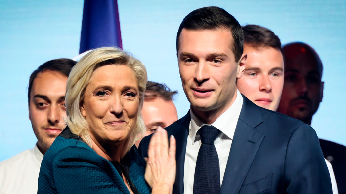 Rassemblement National leader Marine Le Pen with Jordan Bardella, the far-right party’s candidate for prime minister