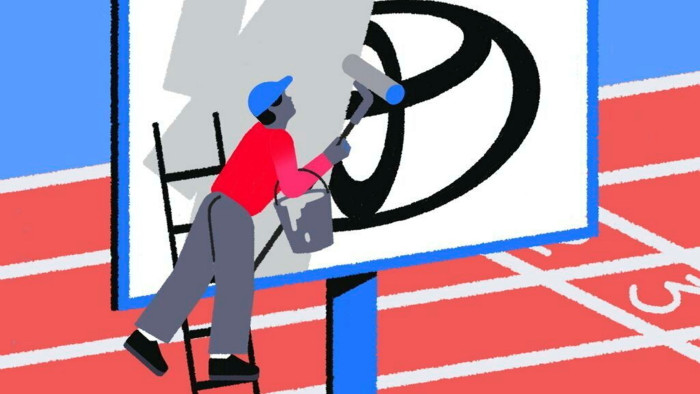 María Hergueta illustration of a workman painting over Toyota billboard sign. 