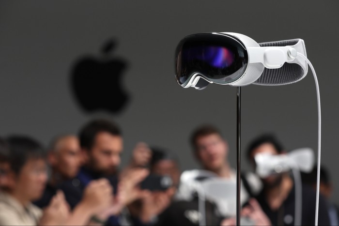 The new Apple Vision Pro headset is displayed during the Apple Worldwide Developers Conference