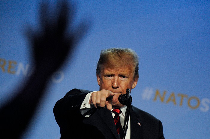 US president Donald Trump is seen during his press conference at the 2018 NATO Summit in Brussels