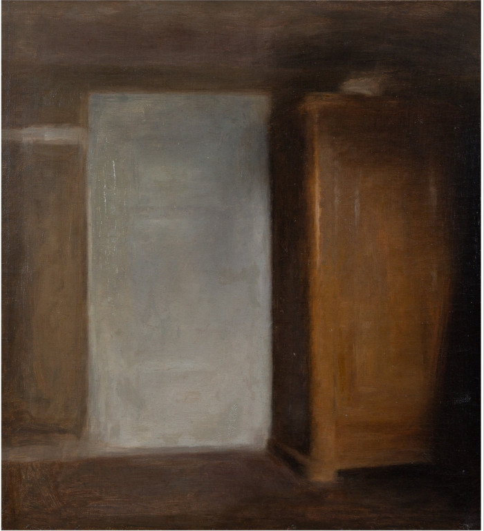 In a painting, a large wooden wardrobe stands on the right of a white door in a dimly lit, brown-shaded room