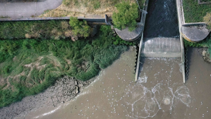 An aerial view shows the outfall into the River Thames, at Thames Water’s Crossness Sewage Treatment Works, in south east London 