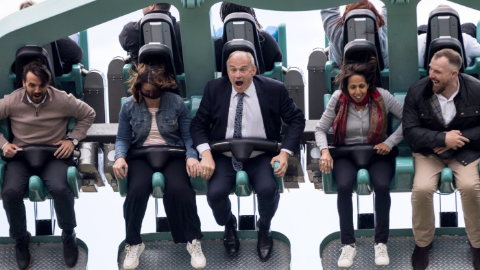 Lib Dem leader Ed Davey and party members on a ride at Thorpe Park