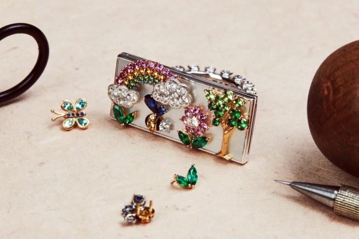Dior Joaillerie Les Jardins de la Couture white-, yellow- and pink-gold, platinum, diamond, pink-, yellow-, and blue-sapphire, Paraíba-tourmaline, emerald, tsavorite-garnet, mother-of-pearl and lacquer ring