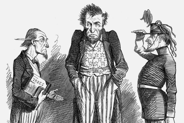 ‘Lincoln’s Two Difficulties’, 1862. Lincoln comments: ‘What? No money! No men!’