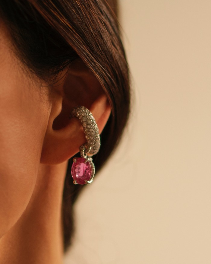The jeweller wears her white diamond and pink rubellite ear cuff
