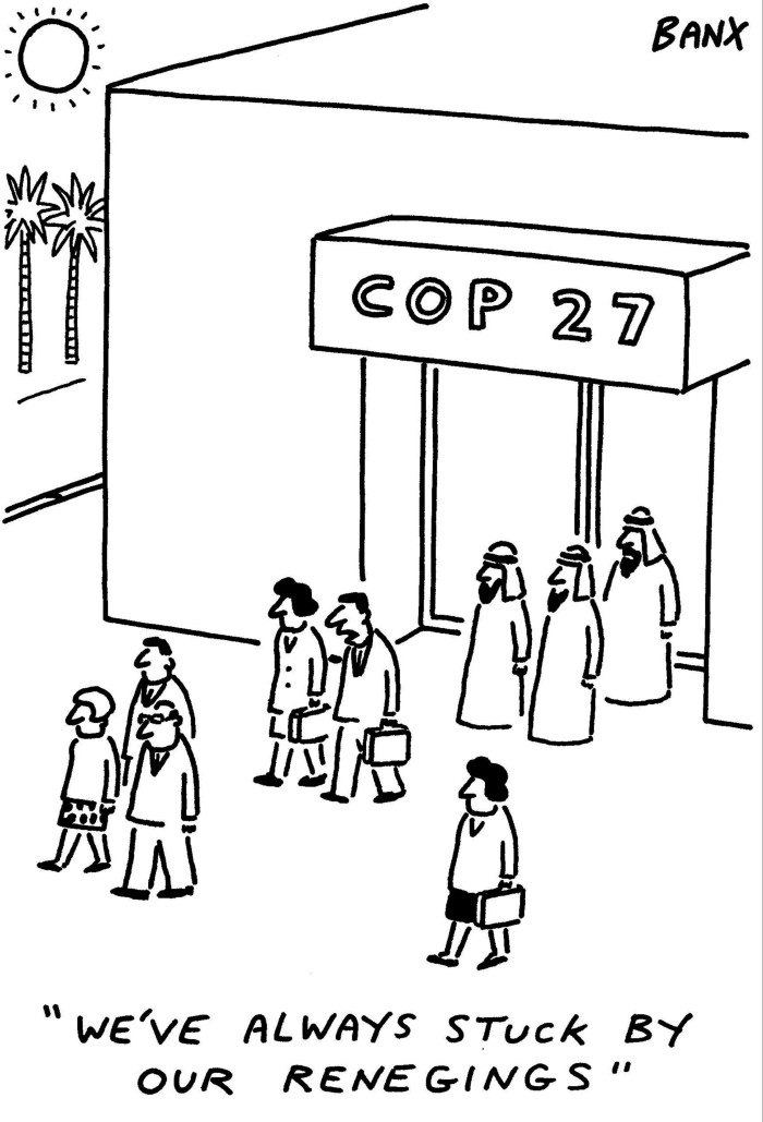 Cartoon showing delegates exiting the COP27 hall